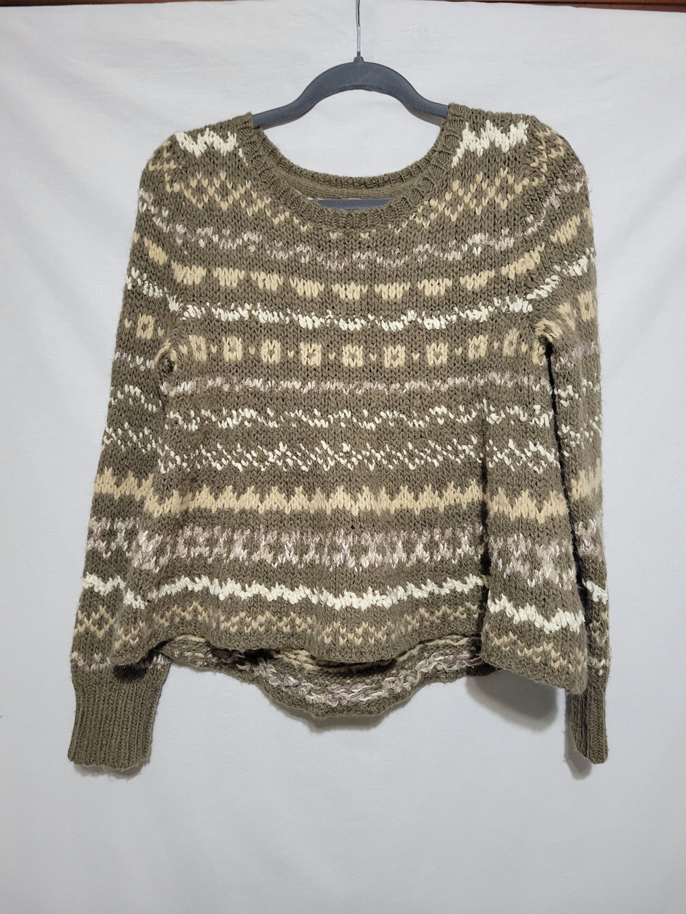 Free People Womens Taupe and Cream Fair Isle Crewneck Sweater Boho Chunky